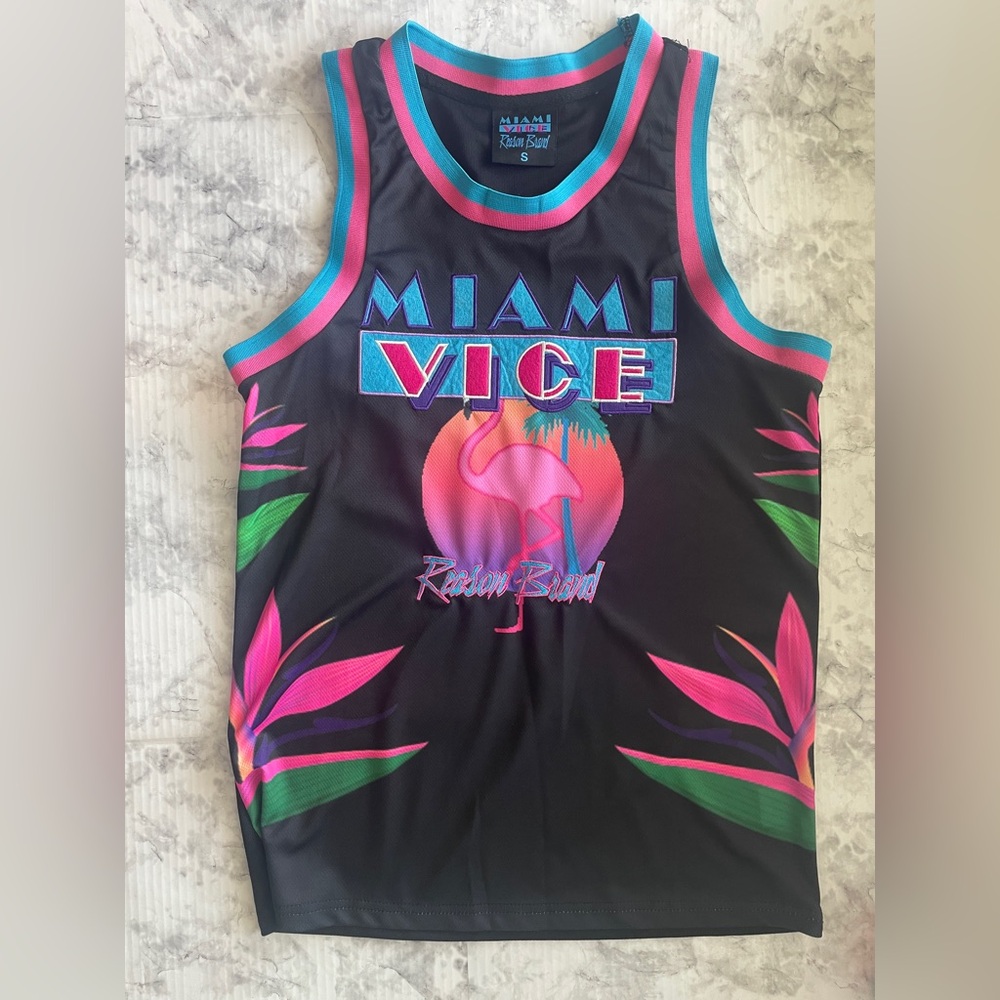Reason Brand Miami Vice Basketball Jersey Men's Tank Top, Men’s Small, Black